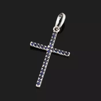 Кулон сапфир чёрный (серебро 925 пр. родир. бел.) крест огранка