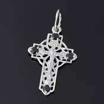 Кулон сапфир крест огранка (серебро 925 пр. родир. бел.)