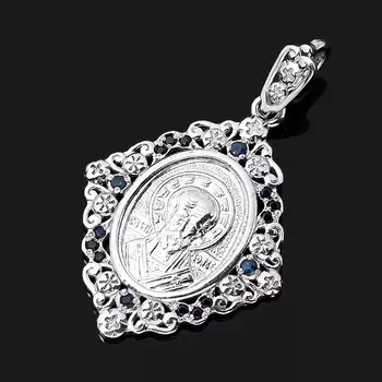 Кулон сапфир (серебро 925 пр. родир. бел.) Николай Чудотворец огранка