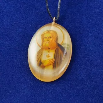 Кулон селенит овал Серафим Саровский 3,5 см