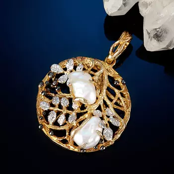 Кулон жемчуг кеши белый (серебро 925 пр. позолота, родир. бел., родир. черн.) круг