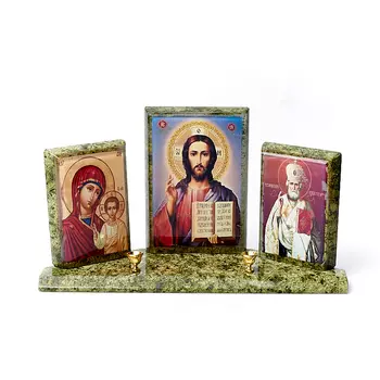 Подсвечник Триптих змеевик Богоматерь Казанская, Иисус Христос, Николай Чудотворец 11х23 см