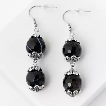 Серьги агат черный (биж. сплав, сталь хир.) огранка