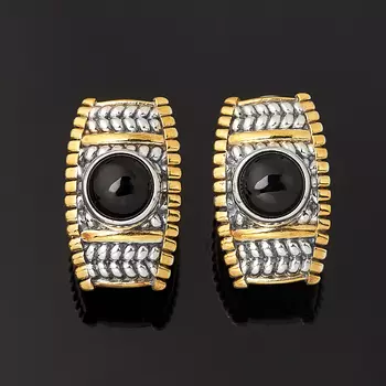 Серьги агат черный (серебро 925 пр. оксидир., позолота)