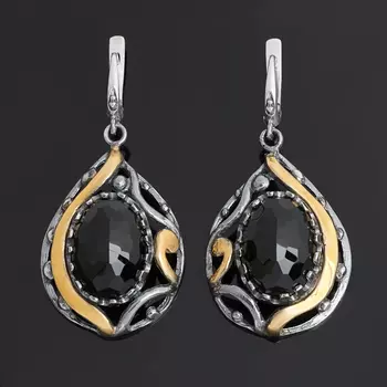 Серьги агат черный (серебро 925 пр. позолота, родир. черн.) огранка