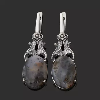 Серьги агат моховой (серебро 925 пр. оксидир.)
