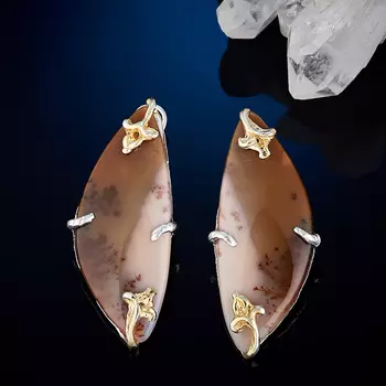 Серьги агат пейзажный (серебро 925 пр. позолота, родир. бел.)