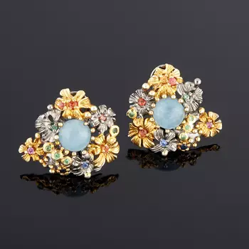 Серьги аквамарин, цаворит (серебро 925 пр., позолота)