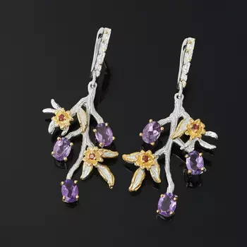 Серьги аметист (серебро 925 пр. позолота, родир. бел.) огранка