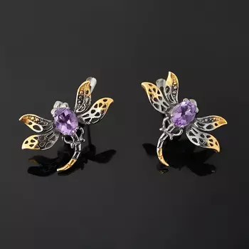Серьги аметист (серебро 925 пр. позолота, родир. черн.) огранка