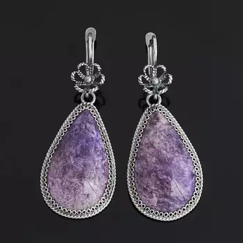 Серьги чароит (биж. сплав, нейзильбер)