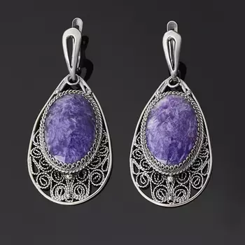 Серьги чароит (биж. сплав, нейзильбер)