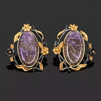 Серьги чароит (серебро 925 пр. позолота, родир. черн.)
