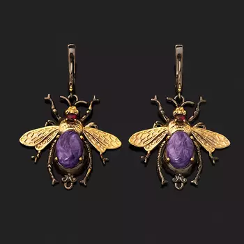 Серьги чароит (серебро 925 пр. позолота, родир. черн.)