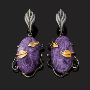 Серьги чароит (серебро 925 пр. позолота, родир. черн.)