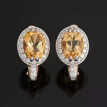 Серьги цитрин (серебро 925 пр. позолота, родир. бел.) огранка