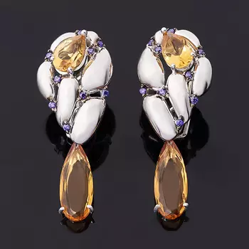 Серьги цитрин (серебро 925 пр. родир. бел., родир. черн.) огранка