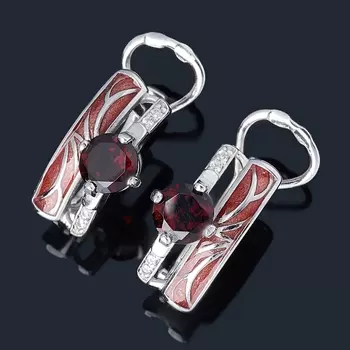 Серьги гранат альмандин (серебро 925 пр. родир. бел., эмаль) огранка