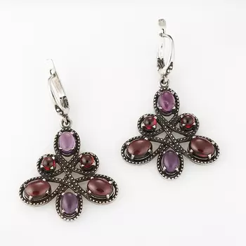 Серьги гранат родолит, аметист (серебро 925 пр.)