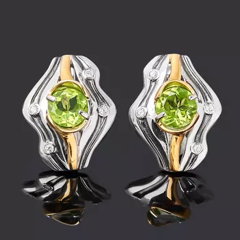 Серьги хризолит (серебро 925 пр. позолота, родир. бел., родир. черн.) огранка