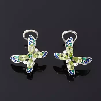 Серьги хризолит (серебро 925 пр. родир. бел., эмаль) огранка