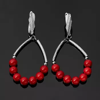 Серьги коралл красный (биж. сплав родир. бел.)