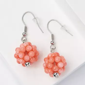 Серьги коралл розовый (сталь хир., биж. сплав)