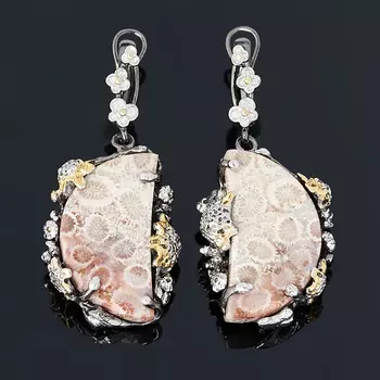 Серьги коралл (серебро 925 пр. позолота, родир. бел., родир. черн.)