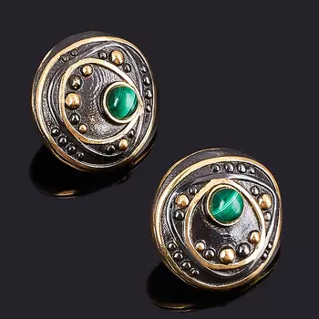 Серьги малахит (серебро 925 пр. позолота, родир. черн.)