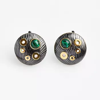 Серьги малахит (серебро 925 пр. позолота, родир. черн.)