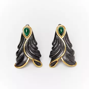 Серьги малахит (серебро 925 пр. позолота, родир. черн.)