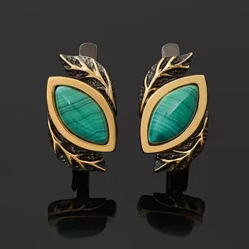 Серьги малахит (серебро 925 пр. позолота, родир. черн.)