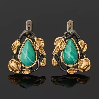 Серьги малахит (серебро 925 пр. позолота, родир. черн.)