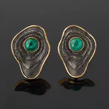 Серьги малахит (серебро 925 пр. позолота, родир. черн.)