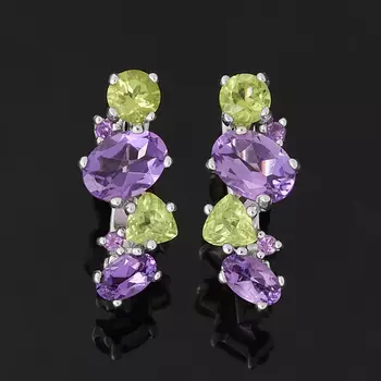 Серьги микс аметист, хризолит (серебро 925 пр. родир. бел.) огранка