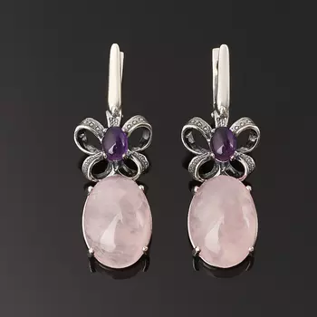 Серьги микс аметист, розовый кварц (серебро 925 пр. оксидир.)
