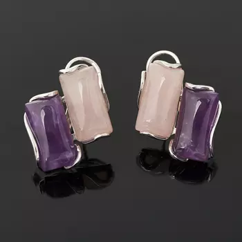 Серьги микс аметист, розовый кварц (серебро 925 пр. родир. бел.)