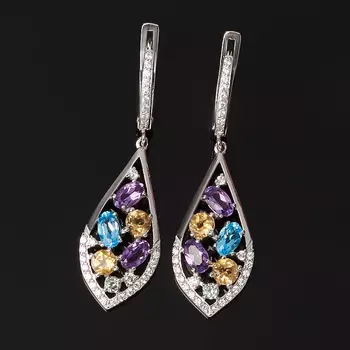 Серьги микс аметист, топаз, хризолит (серебро 925 пр. родир. бел.) огранка