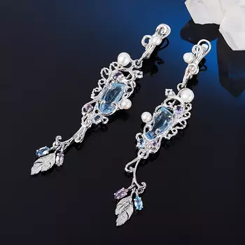 Серьги микс аметист, жемчуг, топаз (серебро 925 пр. позолота, родир. бел.)