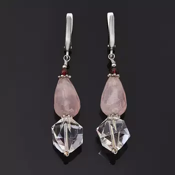 Серьги микс горный хрусталь, розовый кварц (серебро 925 пр.) огранка