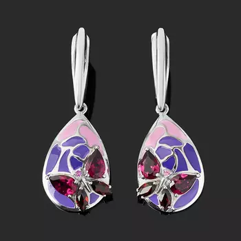 Серьги микс гранат альмандин, родолит , (серебро 925 пр. родир. бел., эмаль) огранка
