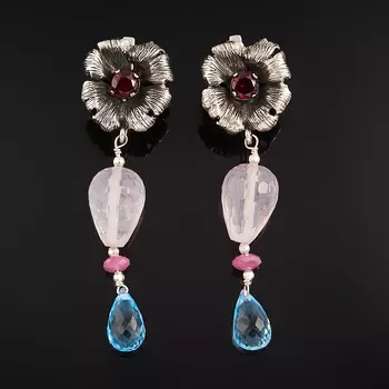 Серьги микс гранат, корунд рубиновый, розовый кварц (серебро 925 пр. оксидир.) огранка