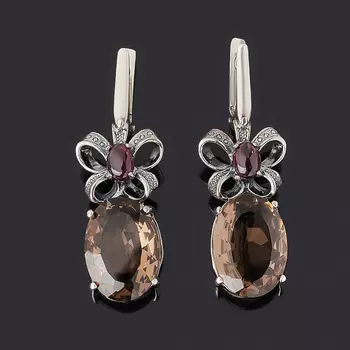 Серьги микс гранат, раухтопаз (серебро 925 пр. оксидир.)