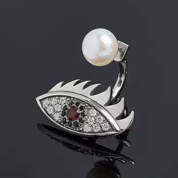 Серьги микс гранат, жемчуг пуссеты (серебро 925 пр.) (1 шт)