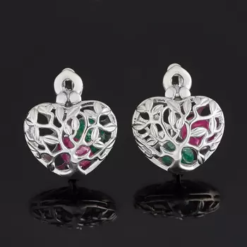 Серьги микс изумруд, рубин (серебро 925 пр. родир. бел.) огранка
