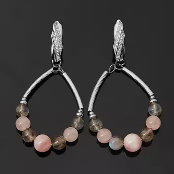 Серьги микс лабрадор, розовый кварц (биж. сплав родир. бел.)