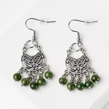 Серьги нефрит зеленый (биж. сплав, сталь хир.)