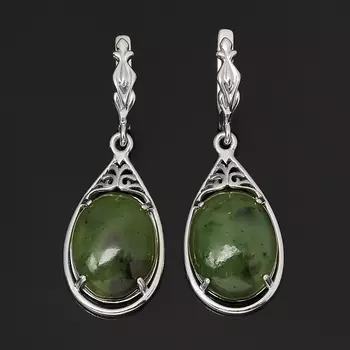 Серьги нефрит зеленый (серебро 925 пр. родир. бел.)