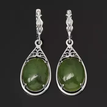 Серьги нефрит зеленый (серебро 925 пр. родир. бел.)