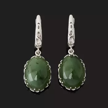 Серьги нефрит зеленый (серебро 925 пр. родир. бел.)